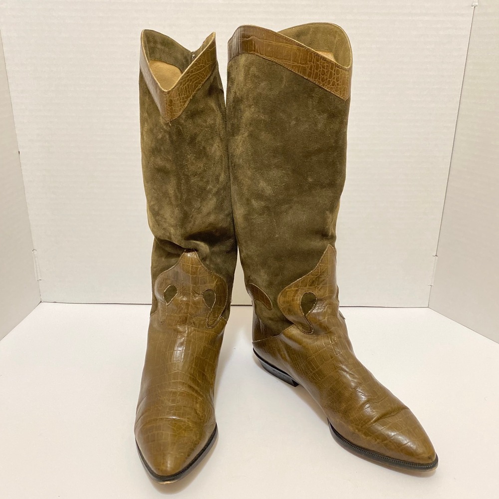 VTG 80s Bandolino Made in Italy Suede Croc Leather Westerncore Boots 9 Olive - Picture 2 of 9